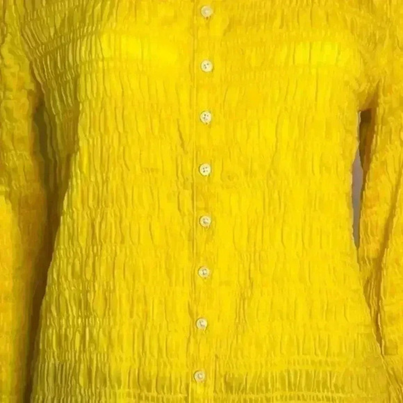 Everlane Yellow Smocked Button Up Blouse Size 10 - Picture 9 of 11
